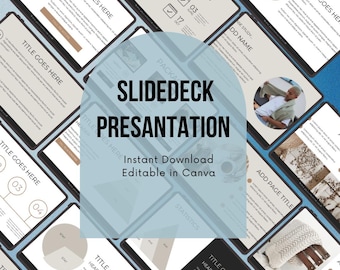 May include: A blue and white digital presentation template with the text "SLIDEDECK PRESENTATION" and "Instant Download Editable in Canva". The template includes slides with titles, headers, statistics, and a calendar.