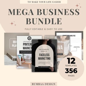 May include: A digital marketing bundle with 12 templates and 356 pages. The bundle includes guides on Pinterest marketing, faceless marketing, and competitor analysis. The text "RUMBAA DESIGN" is at the bottom of the image.