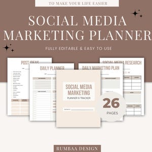 Könnte beinhalten: Ein druckbarer Social-Media-Marketing-Planer und -Tracker mit 26 Seiten. Der Planer enthält Abschnitte für Post-Ideen, Tagesplaner, Tagesmarketingplan und Social-Media-Recherche. Der Planer ist vollständig editierbar und einfach zu bedienen.