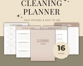 May include: A printable cleaning planner with a beige and white color scheme. The planner includes a cleaning schedule, weekly chores, chores assignment, and a weekly chart. The text "CLEANING PLANNER" is featured on the cover. The planner has 16 pages.