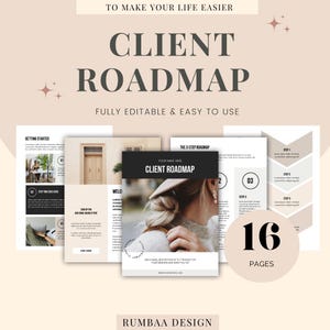 May include: A 16-page client roadmap template with a 3-step roadmap, a welcome section, and a getting started section. The template is fully editable and easy to use. The cover page features a woman with a hat and a brown sweater.