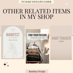 May include: Three digital printable journal covers with a beige background. The first cover features a line drawing of a woman with a diamond above her head and the text "Manifest Your Dreams Workbook and Journal". The second cover features a stack of folded sweaters and the text "Find Your Passion Workbook & Journal". The third cover features a pattern of small circles and the text "Habit Tracker Journal".