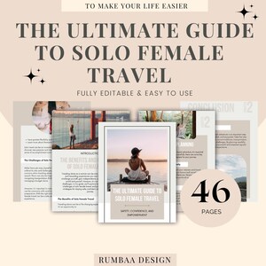 Può includere: Una guida digitale rosa e bianca con il titolo "The Ultimate Guide to Solo Female Travel" e il testo "Safety, Confidence, and Empowerment". La guida ha 46 pagine ed è completamente modificabile.