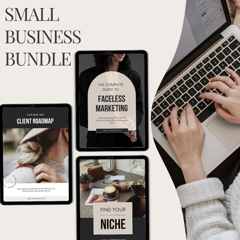May include: A digital marketing bundle for small businesses. The bundle includes three e-books: "The Complete Guide to Faceless Marketing", "Client Roadmap", and "Find Your Niche".