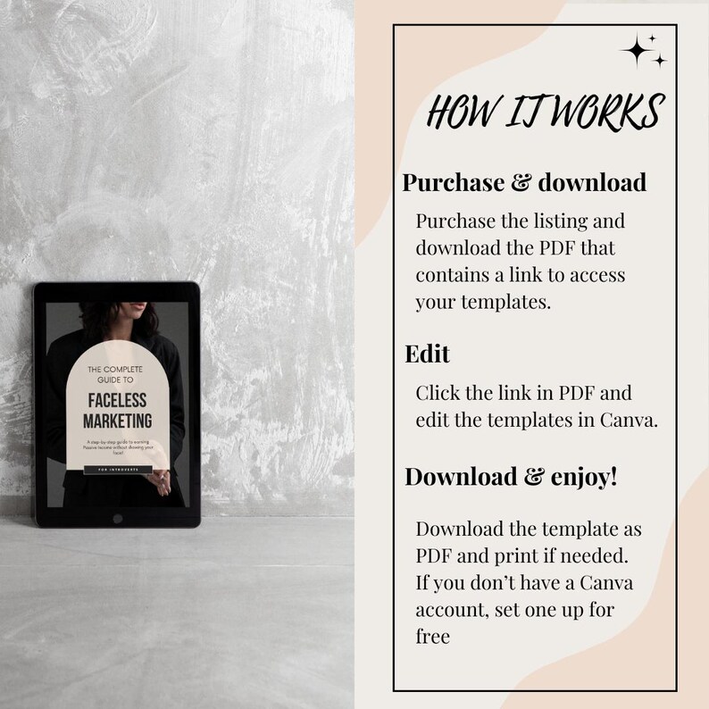 May include: A digital product listing for a guide to faceless marketing. The guide is displayed on a tablet computer. The text on the cover of the guide reads "The Complete Guide to Faceless Marketing". The image also includes text explaining how to purchase, download, edit, and enjoy the guide.
