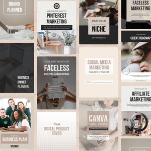 May include: A collage of 12 social media marketing graphics with titles such as "Brand Planner", "Find Your Niche", "Your First Month of Faceless Digital Marketing", "Social Media Marketing Planner & Tracker", "Start-Up Business Plan", "Your Digital Product Cover", "Canva Crash Course", and "Your Guide to Affiliate Marketing".
