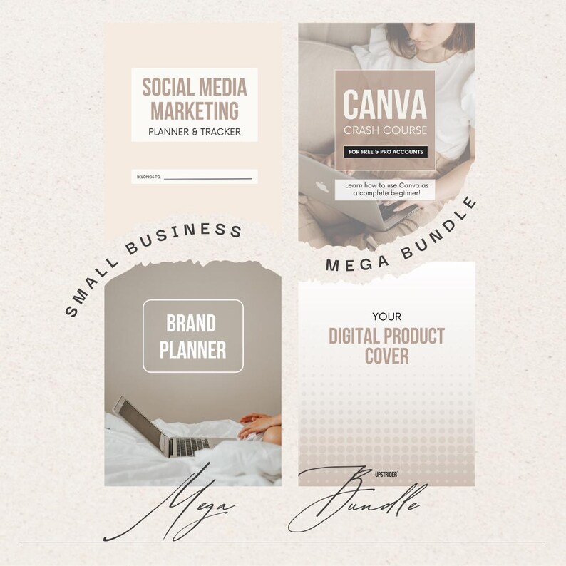 May include: A digital product cover mockup with a beige background and a torn paper effect. The text "SMALL BUSINESS MEGA BUNDLE" is written in black text. The text "YOUR DIGITAL PRODUCT COVER" is written in black text on a white background. The text "UPSTRIDER" is written in black text on a white background. The text "Mega Bundle" is written in black text on a white background. The text "SOCIAL MEDIA MARKETING PLANNER & TRACKER" is written in black text on a white background. The text "CANVA CRASH COURSE FOR FREE & PRO ACCOUNTS" is written in black text on a white background. The text "Learn how to use Canva as a complete beginner!" is written in black text on a white background. The text "BRAND PLANNER" is written in black text on a white background.