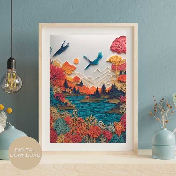 Papercut Style, Beautiful Scenery, Printable Wall Art, Digital Download, Quilling Art, Digital Print, Downloadable Prints, Modern Art