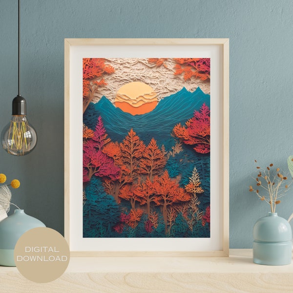 Papercut Style, Beautiful Scenery, Printable Wall Art, Digital Download, Quilling Art, Digital Print, Downloadable Prints, Modern Art