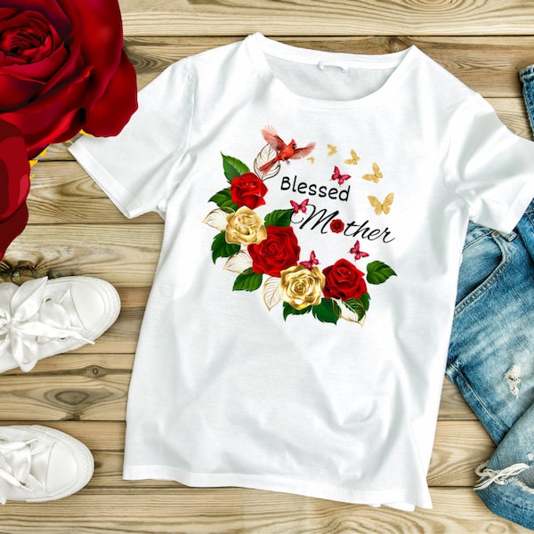 Blessed Mother tee, Mom Mother's Day tshirt, t-shirt gift, butterfly flowers cross t shirt, beautiful pretty birthday, crafty mama nana