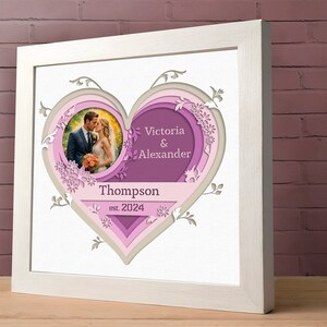 K&ouml;nnte beinhalten: Ein wei&szlig;er Rahmen mit einem mehrschichtigen Herzdesign in Rosa und Grau. Das Herz zeigt im Zentrum ein Foto eines Paares, darunter der Text "Victoria & Alexander Thompson est. 2024".