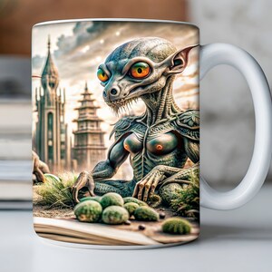 May include: A white ceramic mug with a colorful illustration of a creature with large eyes and a toothy grin. The creature is sitting on a book with green fruits scattered around it. The background features a cityscape with tall buildings.