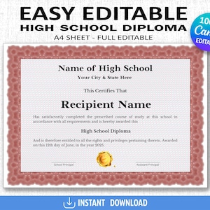 High School Diploma, Home School Diploma, Editable Template, Printable Certificate, Diploma with Seal, Replica Diploma, Canva Template