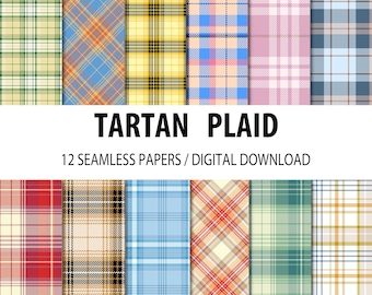 Set of 12 seamless plaid patterns in green, beige, red, and blue tones, perfect for crafts, textiles, and design.