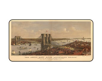 Desk Mat. Vintage Brooklyn Bridge desk mat showcasing a grand view of New York City with ships in the East River.