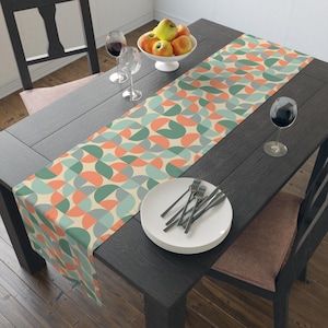 Table Runner (Cotton, Poly)  Bauhaus-inspired geometric table runner with soft pastel tones, perfect for a minimalist and modern look