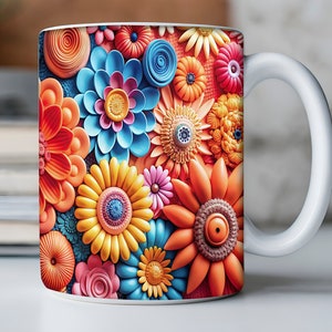 3D Bright Flower Mug, Colorful Flower Mug, Wedding Mug Design, Floral Mug PNG, 3D Mug, 11oz,15oz Mug Sublimation Wrap, Digital Download