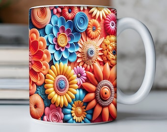 3D Bright Flower Mug, Colorful Flower Mug, Wedding Mug Design, Floral Mug PNG, 3D Mug, 11oz,15oz Mug Sublimation Wrap, Digital Download