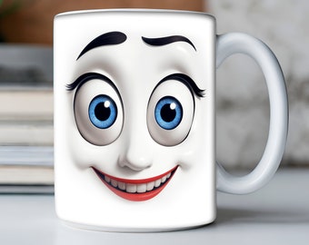 3D Funny Face Mug Wrap 11oz & 15oz Mug Template, Flower Mug Sublimation Design Mug Wrap Template PNG Instant Digital Download