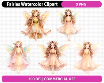 May include: Five watercolor illustrations of fairies with floral crowns and wings. The fairies are wearing pastel dresses and have long flowing hair. The illustrations are set against a white grid background.