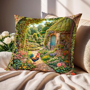 May include: A colorful pillow featuring a whimsical illustration of a rooster walking through a lush garden path leading to a charming cottage with a green roof and a blue door.