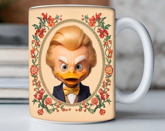 Elegant duck in a floral frame, classic art style, perfect for a 15 and 11 oz ceramic mug gift