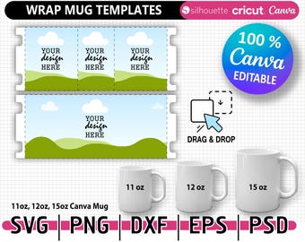 Modelli per tazze Canva da 11 oz, 12 oz, 15 oz, modelli per tazze a stampa integrale, modelli per tazze, modelli per tazze a sublimazione, file modificabili Canva