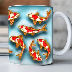 May include: White ceramic mug with a blue background and a pattern of red and white koi fish with gold accents.