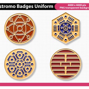 May include: Four gold-colored enamel badges with intricate designs. The badges feature geometric patterns in brown, blue, and red. The text "Nostromo Badges Uniform" is at the top. The background is a grid pattern.