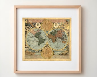 The World / Old map digital poster / Vintage poster / Printable cartography Interior decor / Globe maps illustration / INSTANT DOWNLOAD