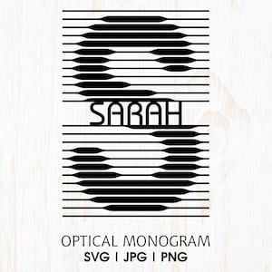May include: Black and white optical monogram design featuring the name "SARAH" in a bold, modern font. The design is created using a series of horizontal lines that form the letter "S".