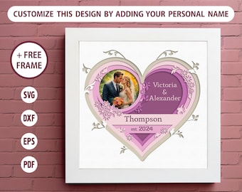 3D Personalized Marriage Shadow Box, Multilayered Paper Craft, Heart 3D SVG, Cricut-Compatible Files Alongside Simple Guidelines