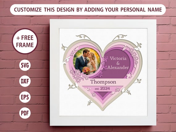 3D Personalized Marriage Shadow Box, Multilayered Paper Craft, Heart 3D SVG, Cricut-Compatible Files Alongside Simple Guidelines