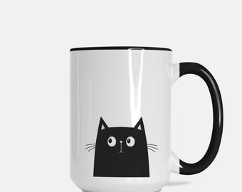 Tazza Deluxe 15oz. (Nero + Bianco), regali gatto nero, tazza gatto nero, regalo per proprietario gatto, gatto nero, tazza gatto, tazza gatto, tazza da caffè gatto