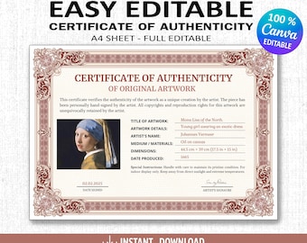 Easily Editable Certificate of Authenticity for Artwork Template, Printable Certificate of Authenticity Canva Template, Digital Download