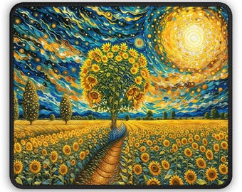 Vibrant sunflower field gaming mouse pad with a starry night-inspired design, blending nature's beauty and artistic elegance for desk setups
