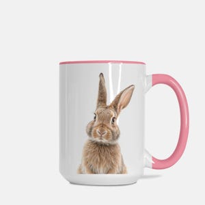 Mug Deluxe 15oz. (Pink + White) Mug with Bunny Print - a cute unique gift for her / him or a bunny mom