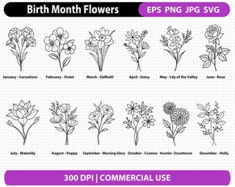 Birth Month Flower Bouquet svg, Birth Month Flowers svg, jpg, png, eps,  Wildflower Bouquet, Birthday Flower svg