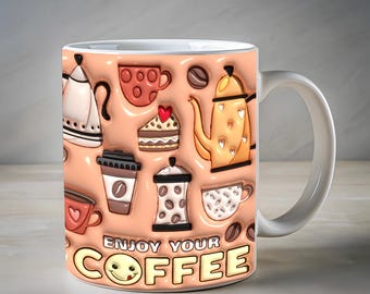 3D Retro Miłośnicy Kawy Nadmuchany Kubek Owijka Sublimacja Projekt 11oz i 15oz, Puffy Kubek PNG, Projekt Sublimacji Kubka, Szablon Kubka Do Sublimacji