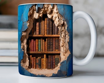 3D Bookshelf Mug Sublimation, 3D Book Mug Wrap, 11oz And 15 Oz Mug Design, 3D Mug Wrap, 11oz Mug Png, 15oz Mug PNG Book Lover Mug Coffee Mug
