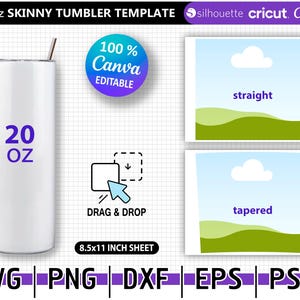 20oz Slim Tumbler Wrap, Full Print Design for Skinny Cups, Tumbler Heat Transfer Layout, Straight or Tapered Shape, Customizable in Canva