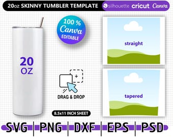 20oz Slim Tumbler Wrap, Full Print Design for Skinny Cups, Tumbler Heat Transfer Layout, Straight or Tapered Shape, Customizable in Canva