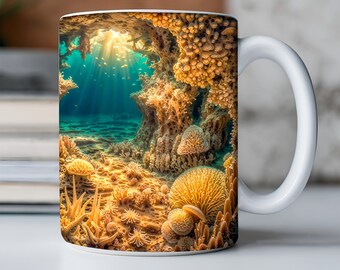 Surreal underwater cave art with coral, sea mushrooms, and golden light, perfect for 15 oz and 11 oz ceramic mugs.