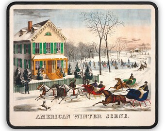 Gaming Mouse Pad. Vintage winter scene gaming mouse pad featuring horse-drawn sleighs and a snowy American countryside landscape.
