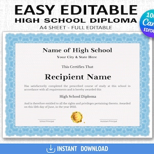 High School Diploma, Home School Diploma, Editable Template, Printable Certificate, Diploma with Seal, Replica Diploma, Canva Template