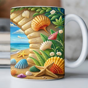3D Hole In A Wall Beach Landscape Mug Wrap Design, 3D Beach Mug, 3D Beach Seashells In Mug Design, 3D Mug, 11oz Mug Sublimation Png