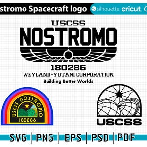May include: Black and white logo design for the Nostromo spacecraft from the film Alien. The logo features the text "USCSS NOSTROMO" with a stylised spaceship design and the text "Weyland-Yutani Corporation Building Better Worlds".