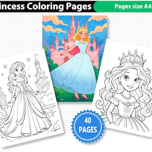Princess Coloring Pages For Kids, 40 Coloring Pages, Princess Coloring Sheets, Princess Coloring Book, Girl Coloring Pages, A4