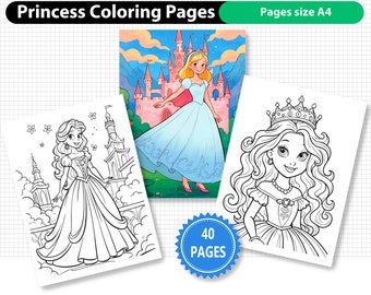 Princess Coloring Pages For Kids, 40 Coloring Pages, Princess Coloring Sheets, Princess Coloring Book, Girl Coloring Pages, A4