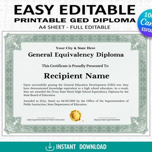 Diploma de equivalencia escolar, plantilla de diploma GED imprimible, diploma de escuela secundaria, plantilla de réplica de diploma editable, descarga digital